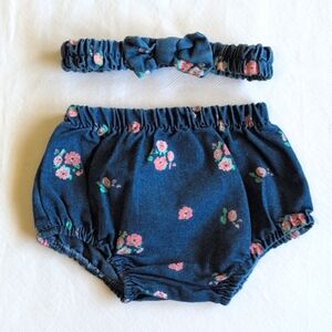 floral print denim diaper cover & matching headband 6-9 months baby girl
